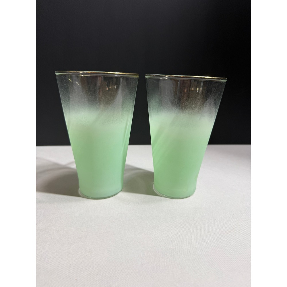 Vintage Blendo Frosted Mint Green Tumblers Gold Rim Glass Set of 2